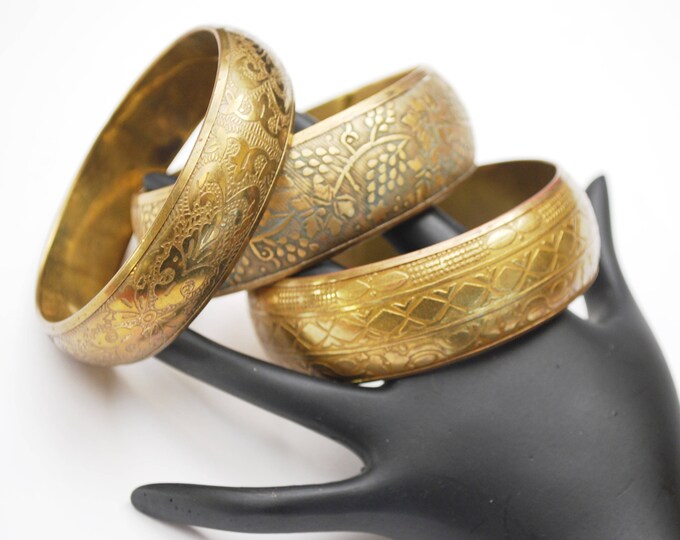 Lot of three Brass Bangles - chunky Boho Bangle - Flower Etched - gold brass bracelets