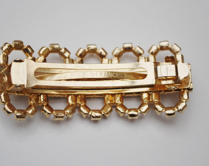 Rhinestone Barrette Hair clip - Signed Made in France - Clear crystal - gold - Wedding Bride