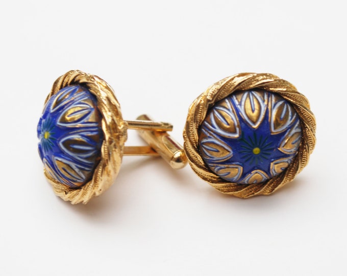 blue pained cuff link - gold metal - Mid century - round domed white gold leaf - vintage cuff links
