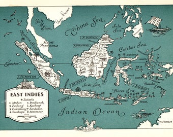 1945 Vintage EAST INDIES Picture Map Pacific Islands WHIMSICAL Pictorial Cartoon Borneo China Sea 1945 Vintage EAST INDIES Picture Map Pacific Islands WHIMSICAL Pictorial Cartoon Borneo China Sea