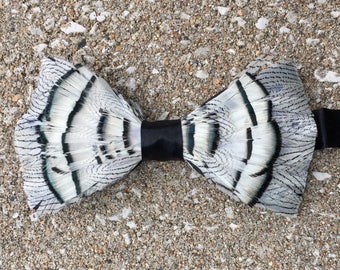 Charleston Feather bow tie, Black and White Lady Amherst feather bow tie, silk pre tied adjustable handmade