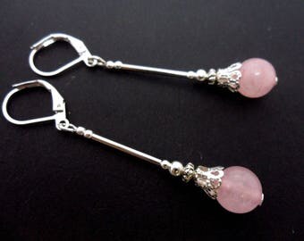A pair of pretty hand made plated pink jade bead dangly leverback hook earrings. new.