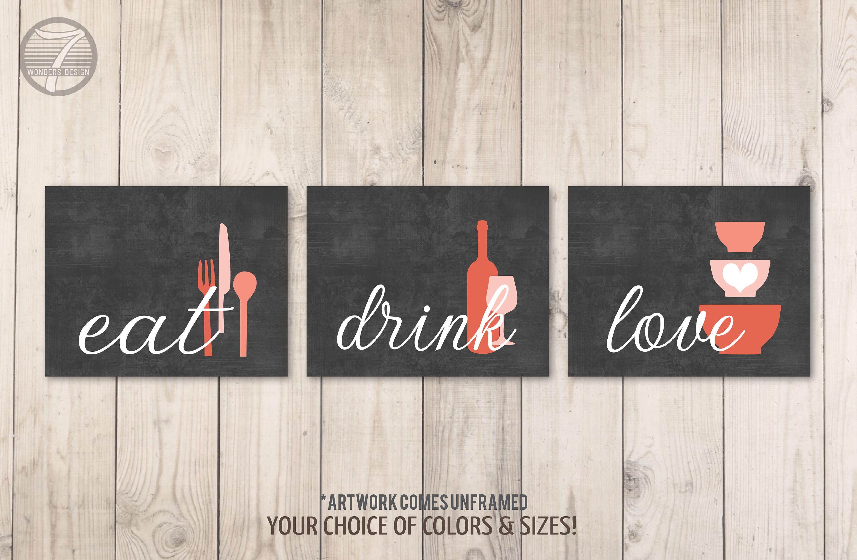 Kitchen Wall Art Print Set Eat Drink Love Charcoal Shades