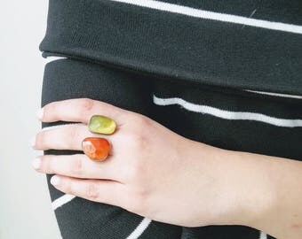 Open gemstone ring, solid, sterling statement ring with two gem stones, lemon quartz and carnelian, avant garde, cocktail, silver ring