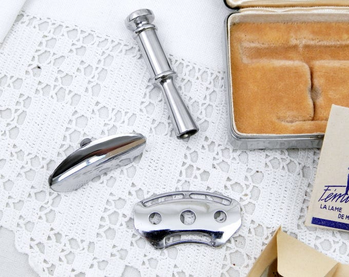 Vintage Unused Travel Folding Lady Safety Razor by Femireve from Paris in Engraved Metal Satin and Velvet Lined Box Complete with Blade,