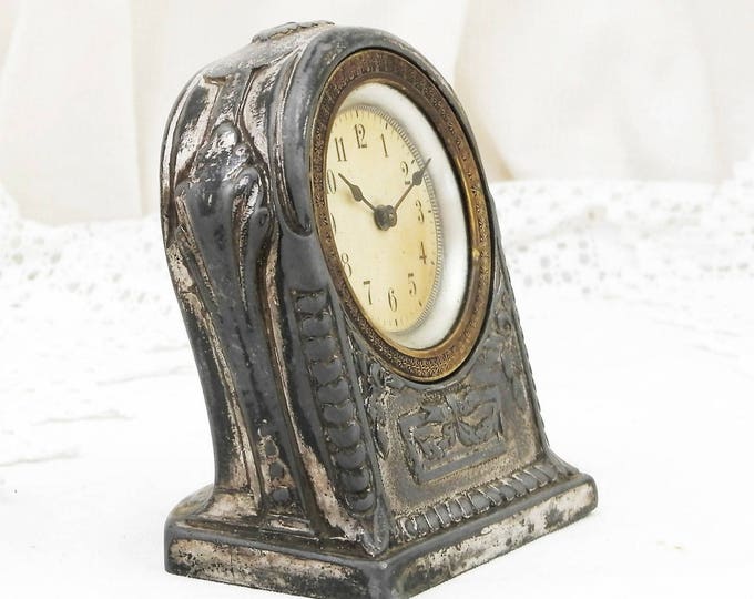 Rare Working English Antique Victorian Silver Plated Worn Patina Neo Classical Mechanical Wind-up Clock Decorated with Ribbons and Roses