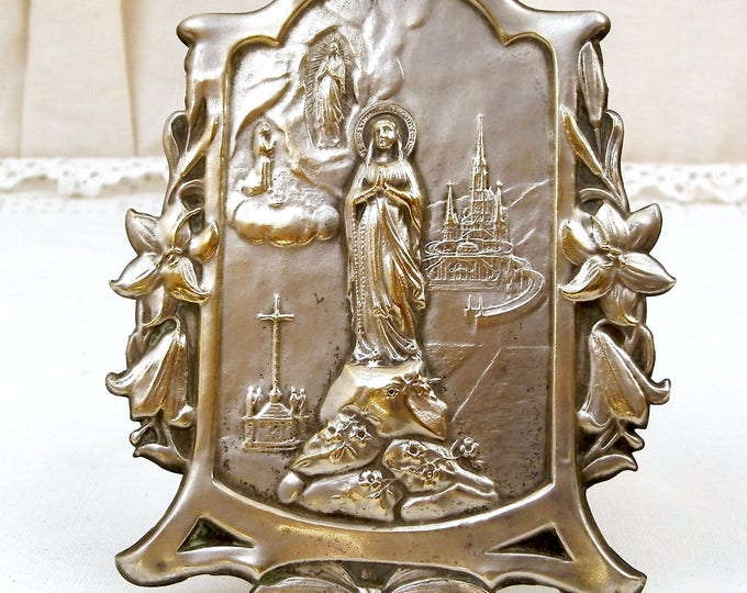 Antique Repousse Embossed Silver Plated Image of Virgin Mary with Lourdes Basilica Framed with Lillis, Our Lady Catholic Religious Picture Antique Repousse Embossed Silver Plated Image of Virgin Mary with Lourdes Basilica Framed with Lillis, Our Lady Catholic Religious Picture