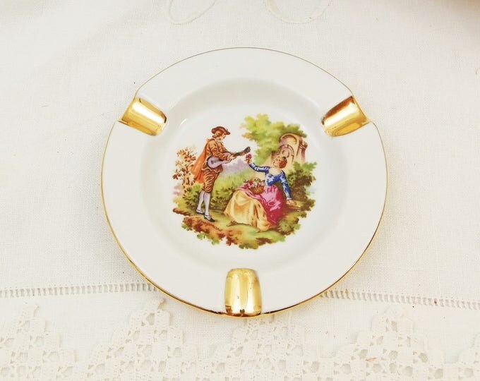 Vintage French Limoges Porcelain D'Art Ceramic Ashtray with Romantic Scene, White Gold Glaze, Bone China Ash Tray from France, Trinket Bowl Vintage French Limoges Porcelain D'Art Ceramic Ashtray with Romantic Scene, White Gold Glaze, Bone China Ash Tray from France, Trinket Bowl