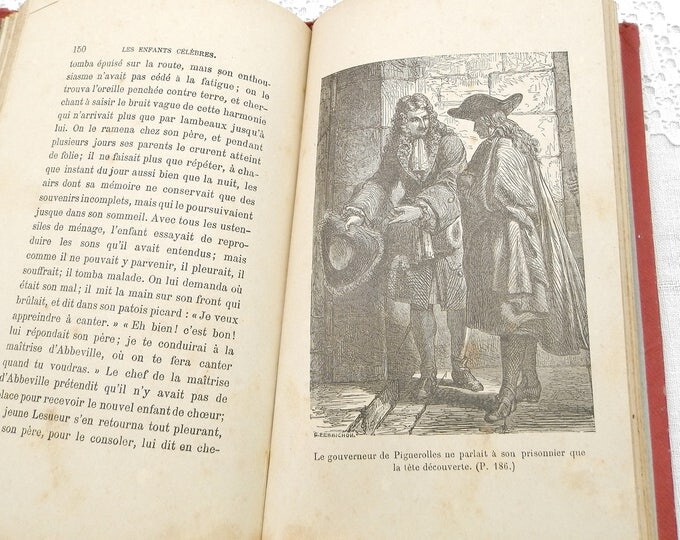 Antique French Historical Book Les Enfants Celebres Famous Children by E J Chaumette, Red Cover Gold and Blue Floral Pattern 6 Illustrations