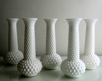 Set of 5 Hobnail Milk Glass Vases, Wedding Table Decor, White Wedding Vases, Bud Vase Lot, Reception Decor, White Flower Vase, Cottage Decor
