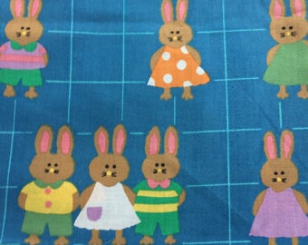 vintage fabric 2.5+ yds - cute bunnies in clothes on blue checked background