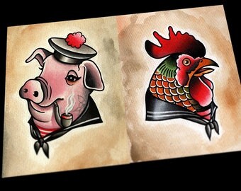 Chicken and Pig Nautical Tattoo Flash Prints