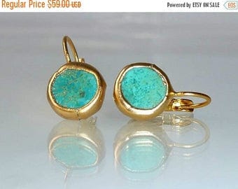 SUMMER SALE- Turquoise earrings, simple everyday, ocean jewelry,framed stone, Gold post fashion earrings.