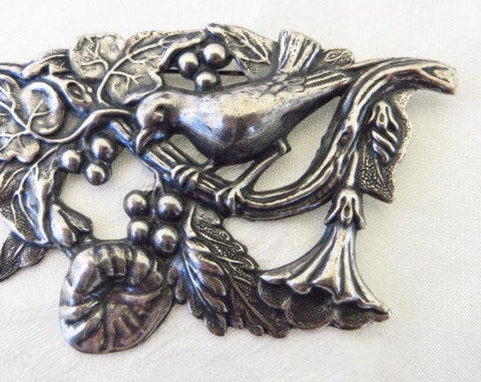 Antique Art Nouveau Brooch, Sterling Nouveau Bird Pin, Florals & Berries, Vintage Bird Jewelry, Nature Brooch