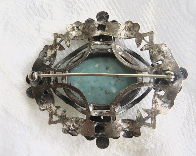 Vintage Floral Brooch, Silver Flowers with Faux Turquoise Center Stone, Handmade