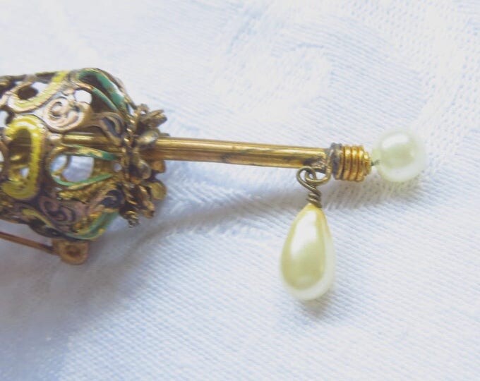 Vintage Umbrella Brooch, Enamel Pearl, Openwork Figural Umbrella Pin, Vintage Czech Jewelry