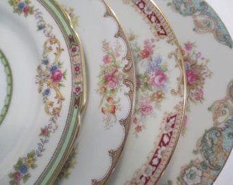 Vintage Shabby Mismatched China Salad Plates, Cottage Chic,Wedding,Tea Party,Bridal Luncheon,Showers,Hostess Gift,Bridesmaid Gift - Set of 4