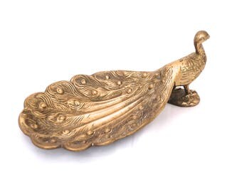 Vintage Brass Peacock Soap Dish, Brass Trinket Dish, Solid Brass Peacock Ashtray, Brass Jewelry Tray, Brass Card Tray, Hollywood Regency