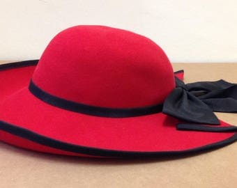 Lancaster 100% wool Sonni San Francisco red Madeline style hat big black bow WBL 4384 ladies vintage