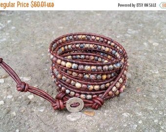 25% Off Leopard skin jasper leather wrap bracelet 5x wrap natural red brown leather earthy boho bracelet
