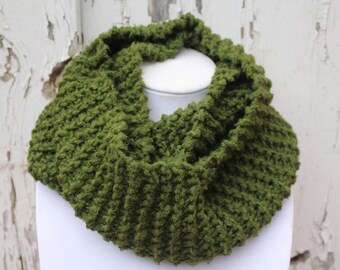 Olive Green Knit Infinity Scarf-Bamboo Yarn-Knitted Cowl-Chunky Scarf-Earthy Scarf-Natural Fiber-Neck Warmer