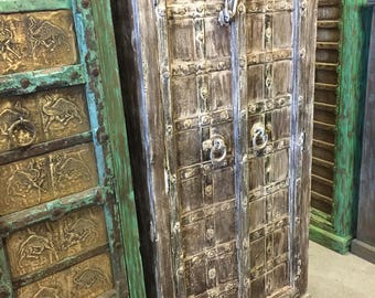 Antique Cabinet, Teak Doors, India Furniture, White Rustic Almirah, Southwestern, Iron Nailed Spanish, Old World