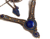 Macrame necklace, Lapis Lazuli, gemstone, native pattern, tribal jewelry, blue, bronze, "The Dragonfly", The Native Series