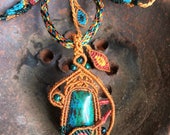 Macrame necklace, Chrysocolla, jewelry, leaves, turquoise, green, beige, natural, two sided, macrame tree, nature inspired