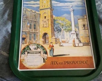 On Sale Aix en Provence City Scene Green Metal Tray Snack Serving Dish or Decorative Home