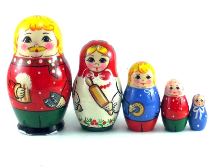 Ethnic Nesting Dolls 5 pcs Russian matryoshka doll Babushka set for kids Wooden authentic stacking handpainted dolls toys Russia Man wt beer
