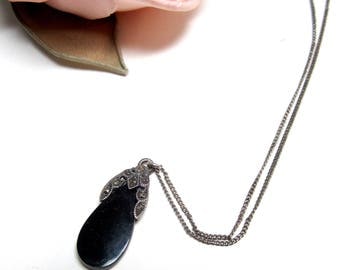 Vintage sterling silver marcasite & onyx pendant necklace
