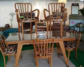 Antique Italian Wood Mid Century Modern Dining Table and Six Chairs MCM Kitchen Chairs and Table Beautiful Lines and Condition Near Mint