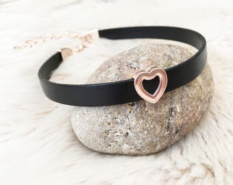 Black genuine leather rose gold heart choker. Rose gold jewellery.