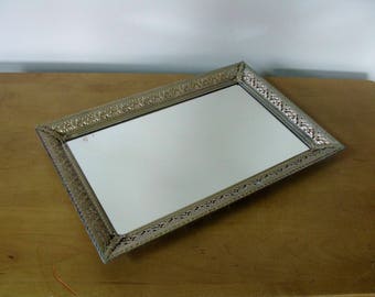 Vintage gold filigree mirrored vanity tray-LARGE- perfume tray- dresser tray -picture frame- mirrored vanity tray -15" x 10"- gold filigree