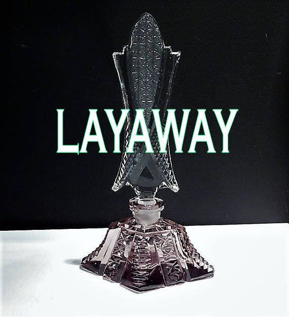 LAYAWAY Czech Perfume Bottle Art Deco 1920s 1930s Cut Amethyst Crystal Glass Czechoslovakia Antique Vintage Vanity Cologne Bohemian