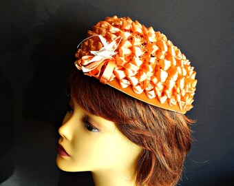 Pillbox Hat Orange Straw Raffia Filene's and Union Label