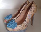 Alice in wonderland shoes, something blue. Alice shoes, blue roses, Alice in wonderland, bridal shoes, felt flowers, size uk 3-8