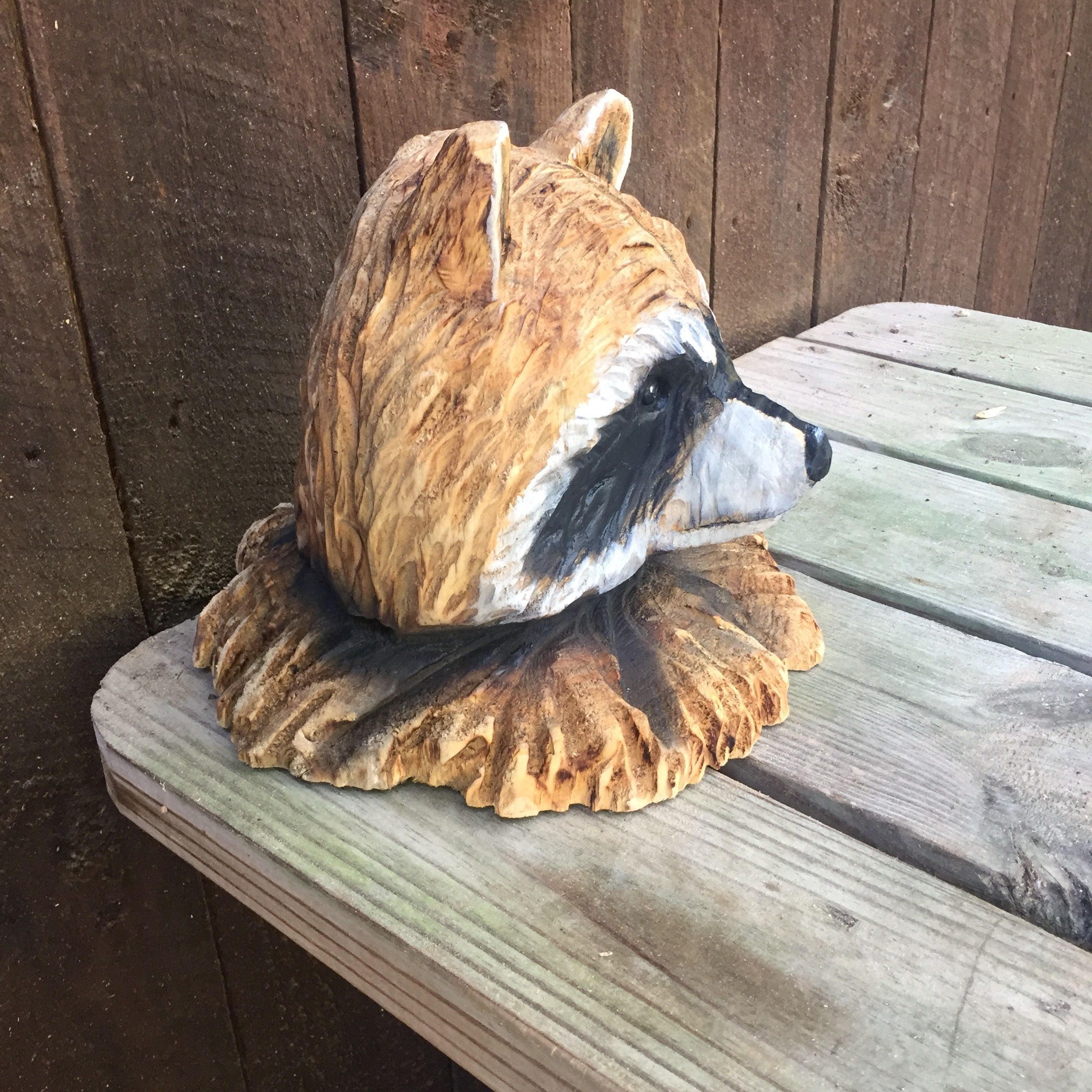 Raccoon, Wood Carving, Chainsaw Carving, Rustic Decor, Wood Gift for