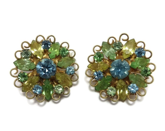 Weiss Flower Rhinestone Earrings, Vintage Green Yellow Blue Earrings, Signed Weiss Jewelry