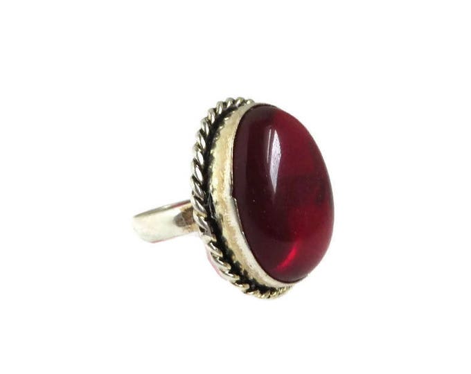Red Glass Statement Ring, Vintage Braided Silver Tone Cabochon Ring, Gift for Her, Size 6.5