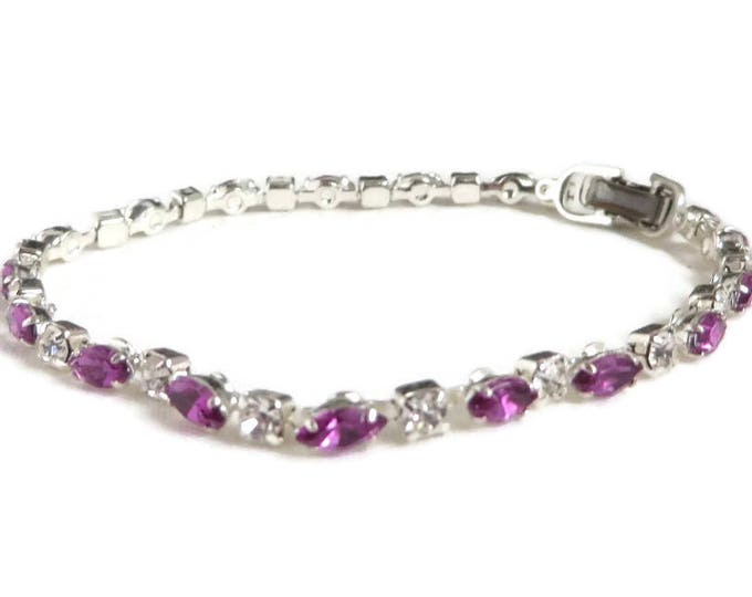 Purple Tennis Bracelet, Vintage Rhinestone Bracelet, Faux Amethyst Bracelet, Two Tone Link Bracelet, Silvertone Bracelet