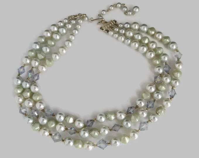 Pearl Necklace, Japan Multi Strand Necklace, Vintage Faux Pearl & Lavender Blue Bead Triple Strand Choker