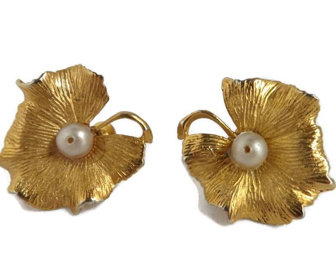 Coro Gold Tone Flower Earrings, Vintage Faux Pearl Screw Back Earrings