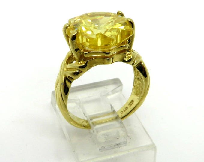 Vintage Sterling Silver Citrine CZ Ring, Gold Plated Silver Statement Ring, Size 5