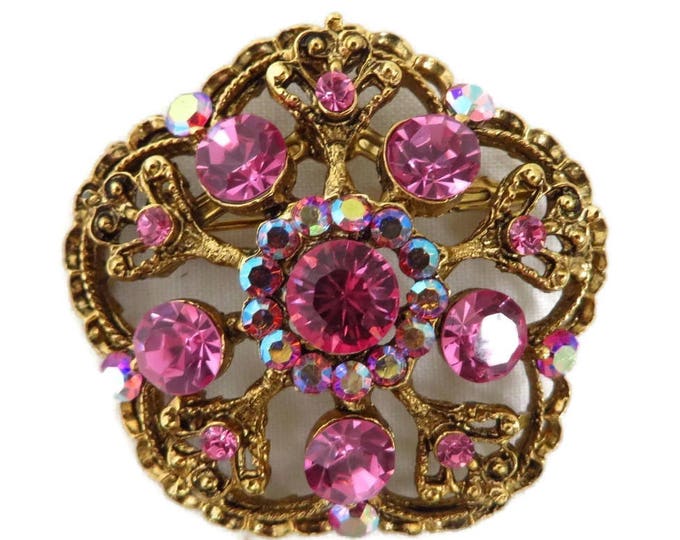Pink Rhinestone Brooch, Mid Century Pin, Vintage Weiss Pink Rhinestone Brooch, AB Rhinestone Gold Tone Signed Designer Pin Pink Rhinestone Brooch, Mid Century Pin, Vintage Weiss Pink Rhinestone Brooch, AB Rhinestone Gold Tone Signed Designer Pin