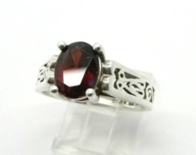 Sterling Silver Garnet Ring - Vintage Faux Garnet Scrolled Silver Wide Band Ring, Size 9, Gift for Her
