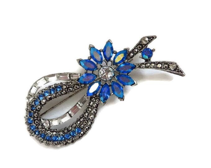 Blue Rhinestone Brooch, Bow Brooch, Signed Weiss AB Rhinestone Pin, Vintage Jewelry, Sapphire Blue Crystal Pin, Gift for Her