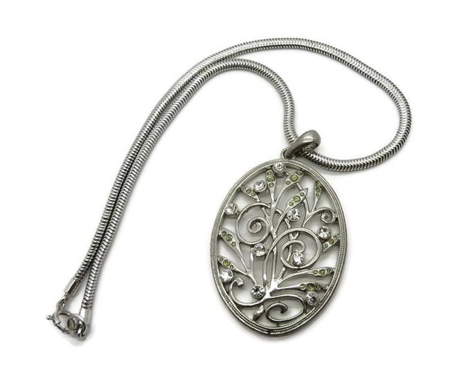 Oval Filigree Pendant, Vintage Silver Tone Rhinestone Flowering Pendant, Snake Chain Necklace