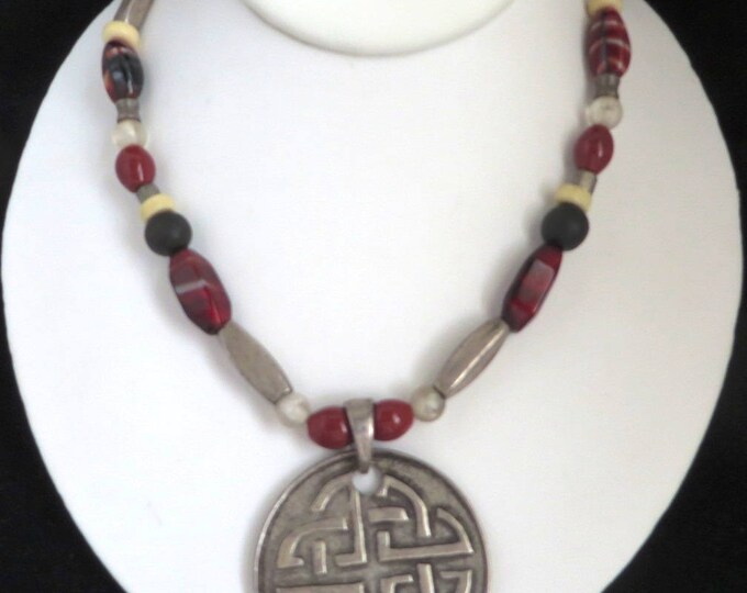 CHICO'S Pendant Necklace, Vintage Chunky Tribal Style, Boho Beaded Silver Tone Pendant Choker Necklace