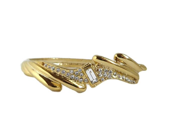 Gold Tone Rhinestone Bangle, Vintage Hinged Bracelet, Bridal Jewelry, Valentine's Day Gift